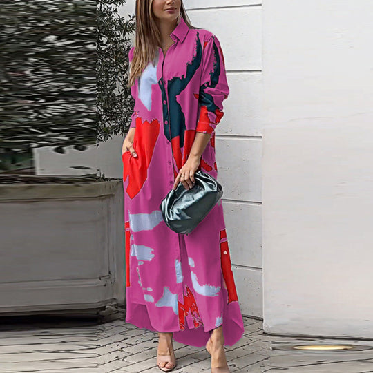 Damen Langes Hemdblusenkleid mit abstraktem Pinselprint und seitlichen Eingrifftaschen Nord Taschen
