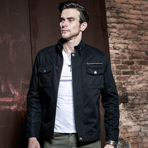 Herren schlanke Canvas-Fieldjacke mit militärischer Taschendetailierung und Stehkragen Nord Taschen