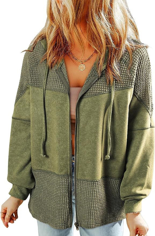 Damen Lässige Oversize-Kapuzenjacke mit Strukturstrick-Einsätzen und Reißverschluss Nord Taschen
