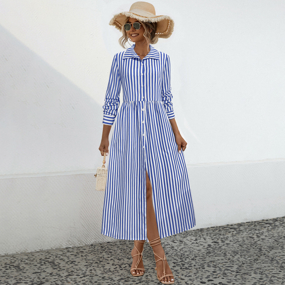 Damen Hemdblusenkleid mit vertikalem Streifenmuster und eleganter Knopfleiste
