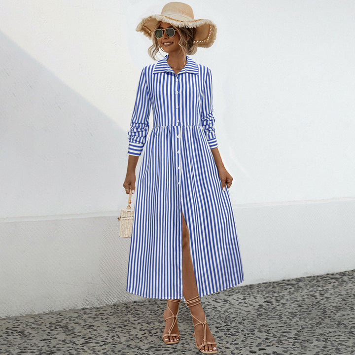 Damen Hemdblusenkleid mit vertikalem Streifenmuster und eleganter Knopfleiste