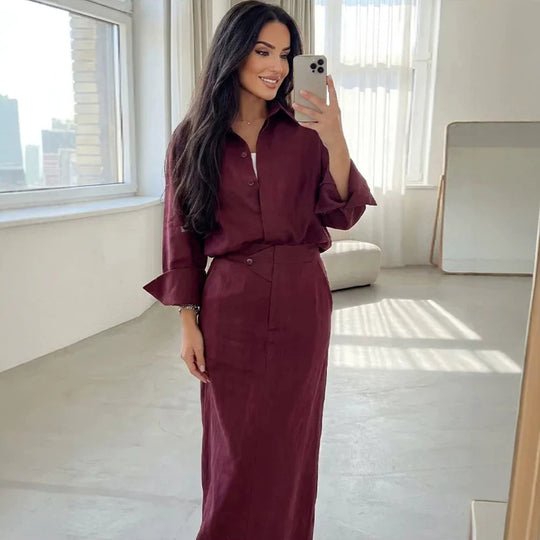 Damen Zweiteiliges Leinen-Set mit Oversized-Hemd und tailliertem Maxirock Nord Taschen