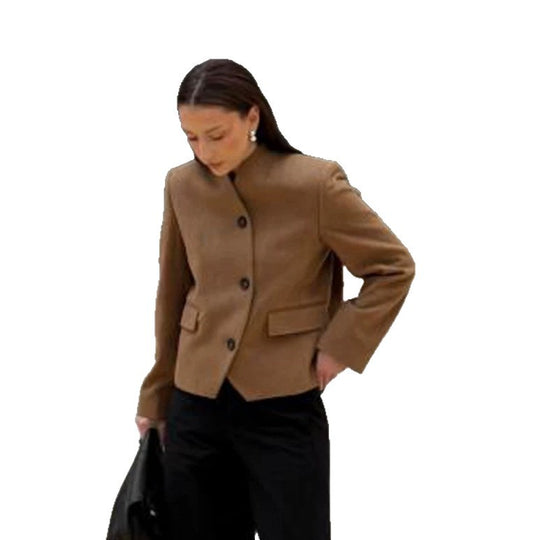 Damen Kurzblazer aus Wollmix mit Stehkragen, kastiger Silhouette & drei Knöpfen Nord Taschen