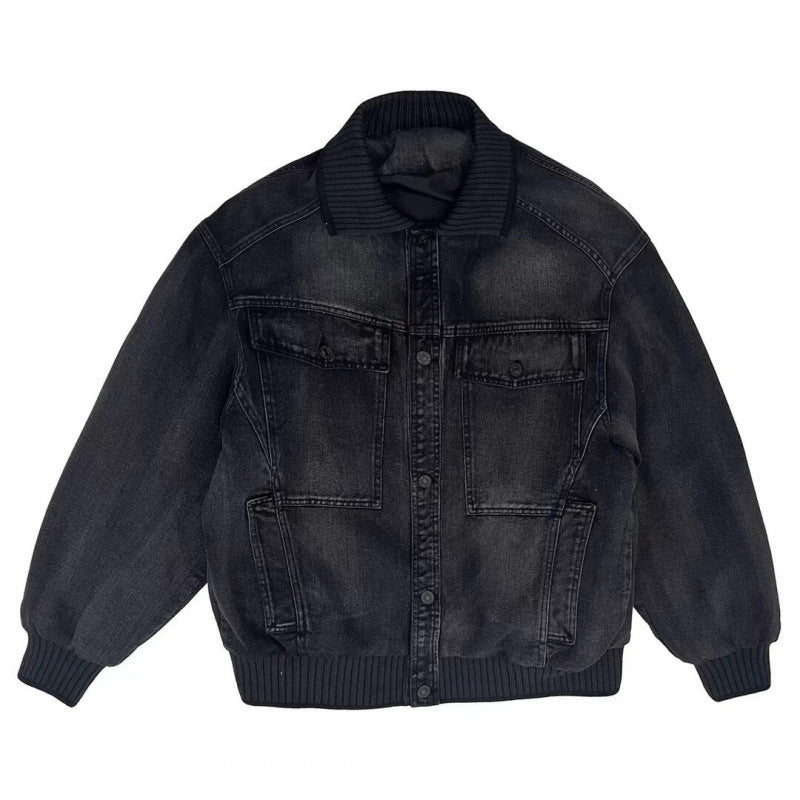 Herren Weitgeschnittene Jeansjacke mit geripptem Kontrastkragen und Vintage-Waschung Nord Taschen