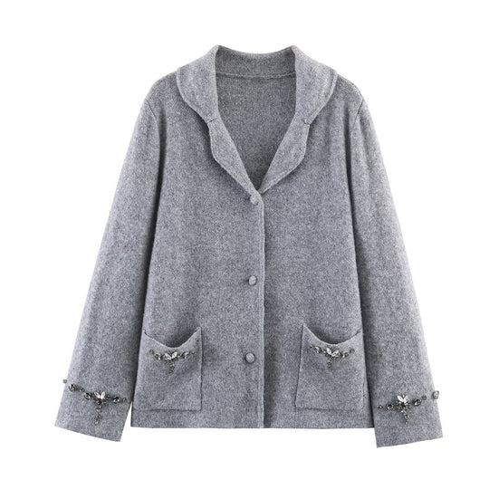 Damen Kurzer Wollmix-Cardigan-Mantel mit Schalkragen und Schmucksteinapplikationen Nord Taschen