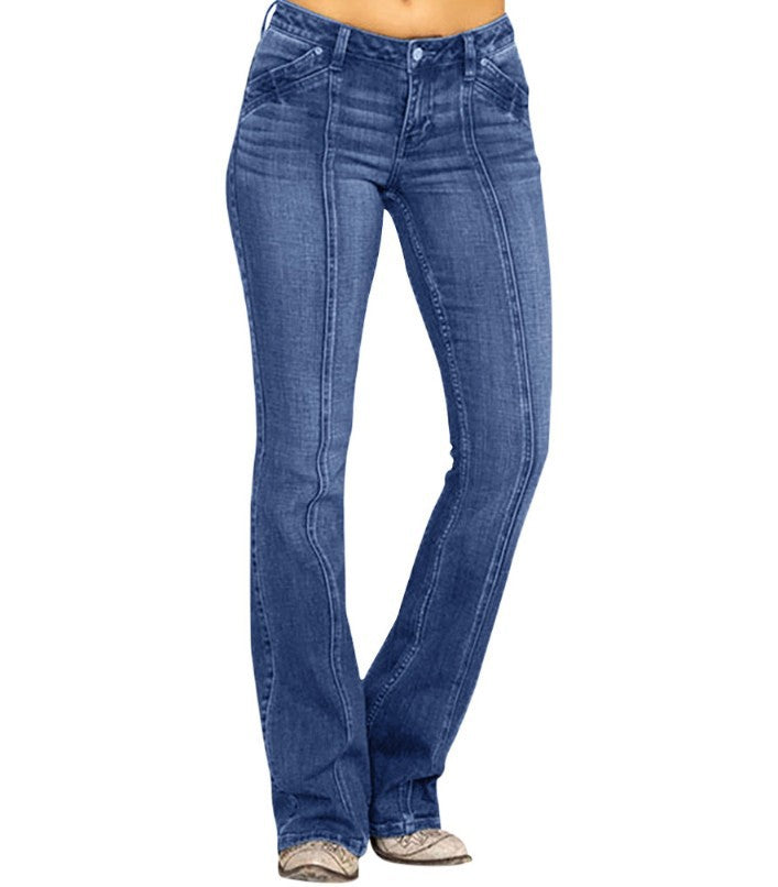 Damen weite Schlagjeans mit hochgeschnittener Taille, figurbetontem Hüftschnitt und elastischem Denim Nord Taschen