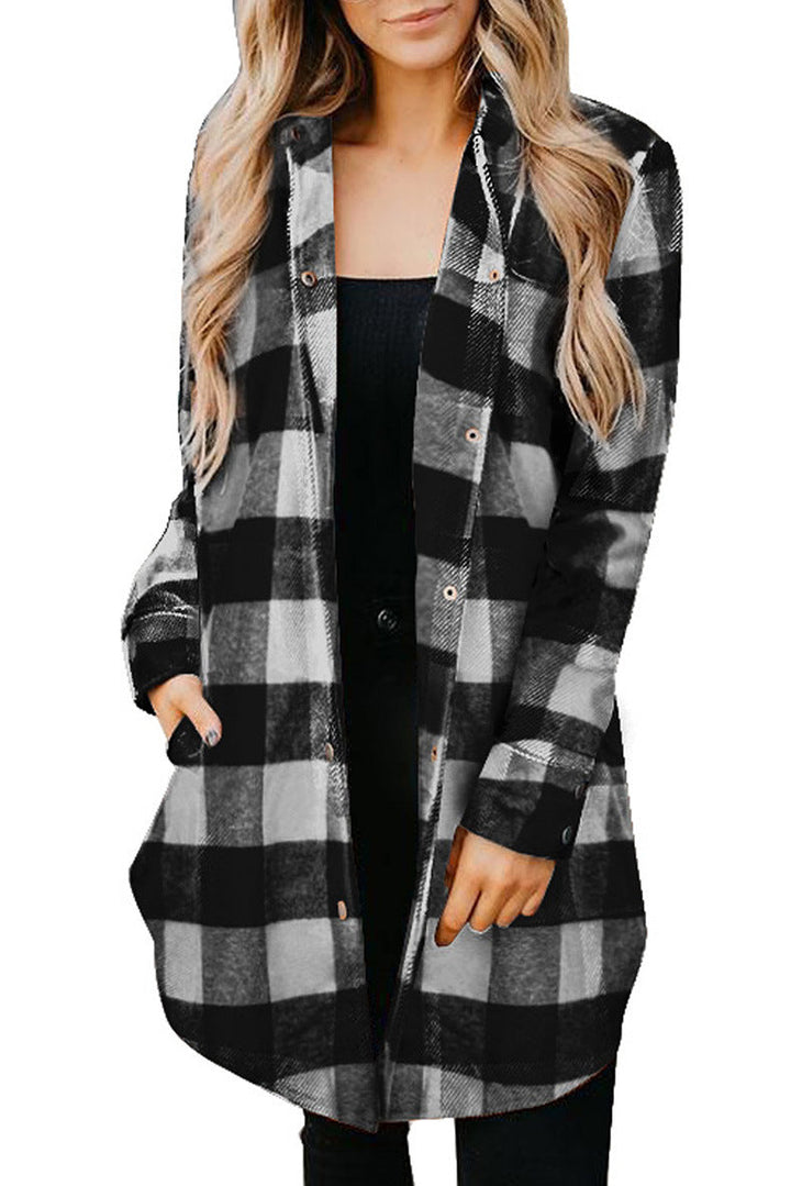 Damen lässige Longbluse im Karo-Design mit Knopfleiste