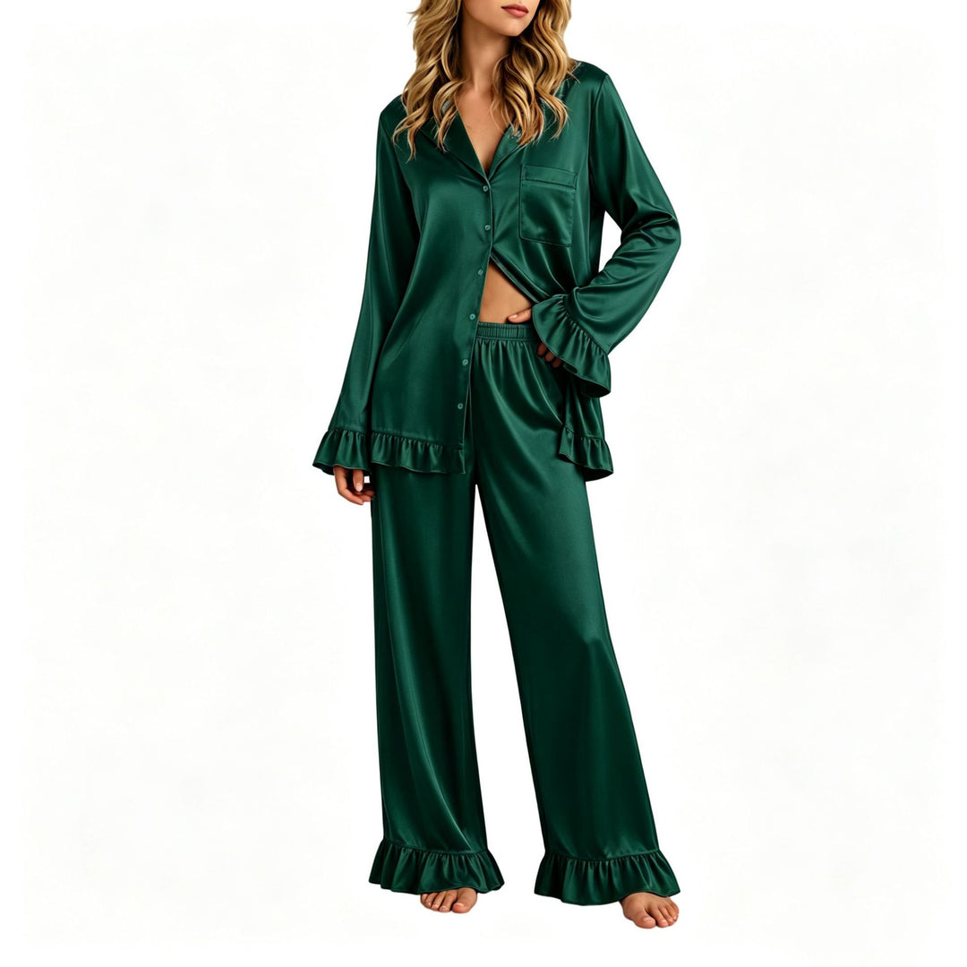 Damen Satin-Pyjama-Set mit Knopfhemd, weiten Palazzo-Hosen und Rüschensaum Nord Taschen