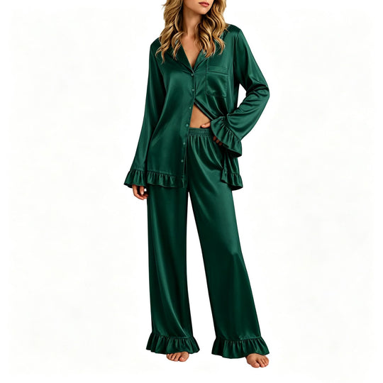 Damen Satin-Pyjama-Set mit Knopfhemd, weiten Palazzo-Hosen und Rüschensaum Nord Taschen