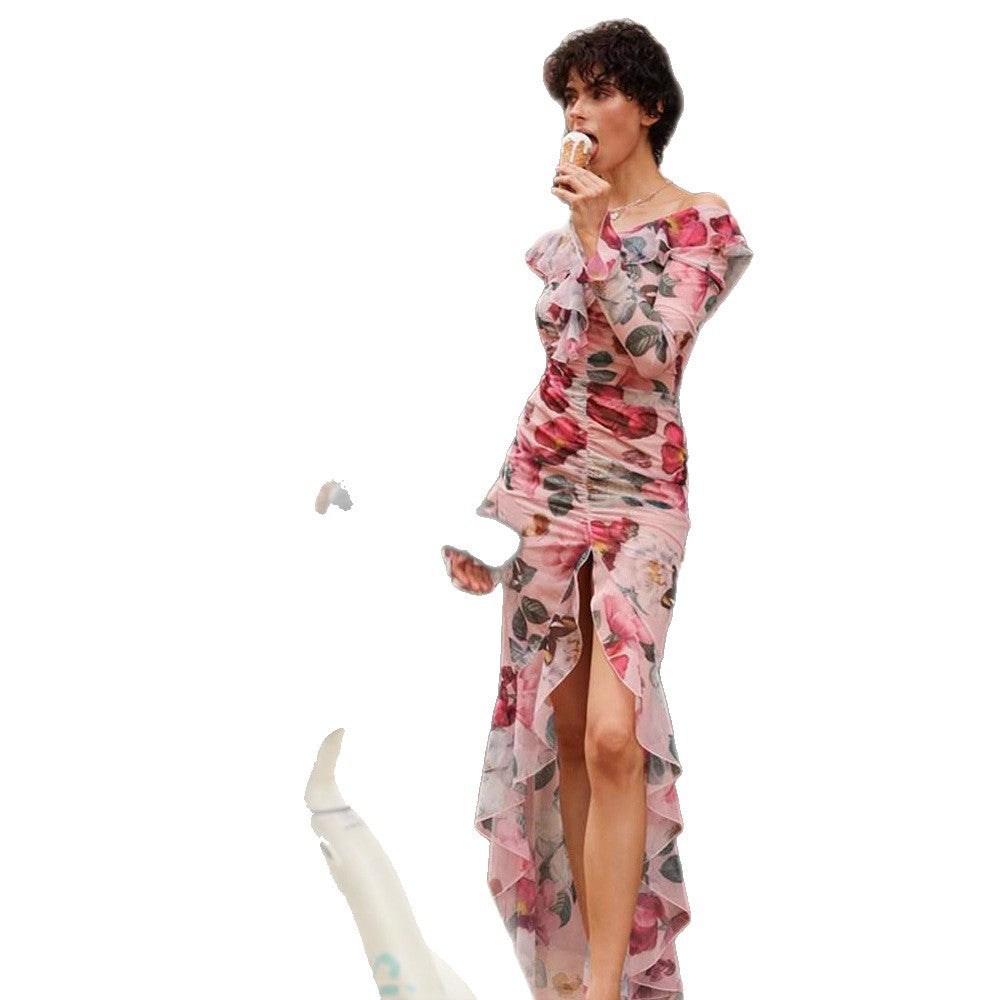 Damen Florales Chiffon-Maxikleid mit asymmetrischer Rüschen‑Schulter, geraffter Korsage & hohem Frontschlitz Nord Taschen