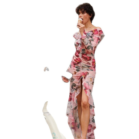 Damen Florales Chiffon-Maxikleid mit asymmetrischer Rüschen‑Schulter, geraffter Korsage & hohem Frontschlitz Nord Taschen
