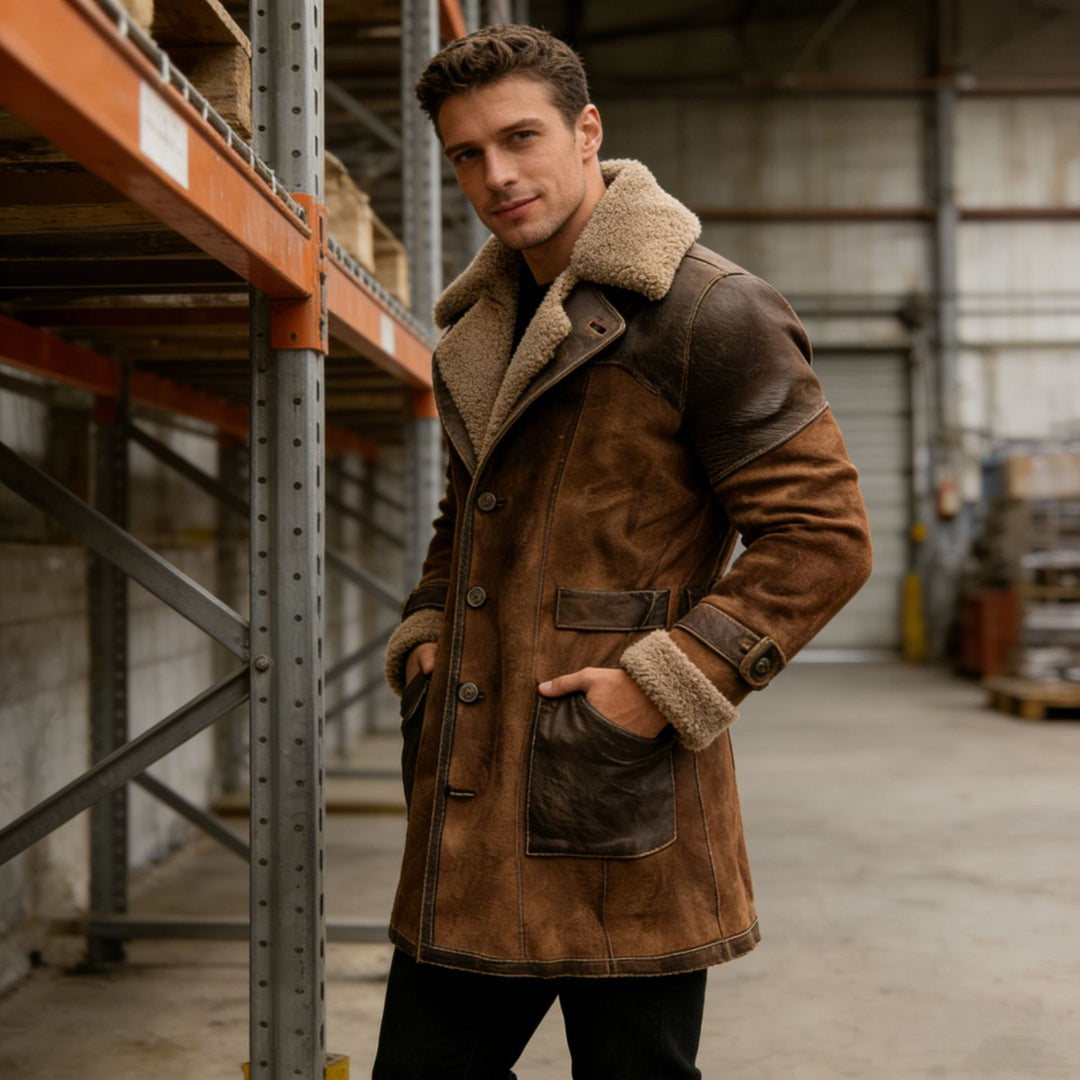 Herren Langer Shearling-Mantel aus Wildleder mit Lederbesatz Nord Taschen