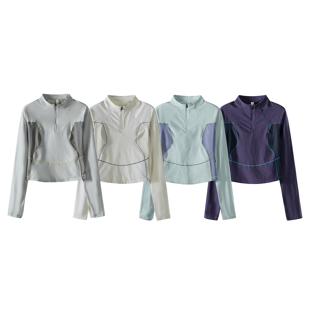Damen Cropped Halbzip-Trainingsshirt mit Raglanärmeln und Kontrastpaneelen Nord Taschen