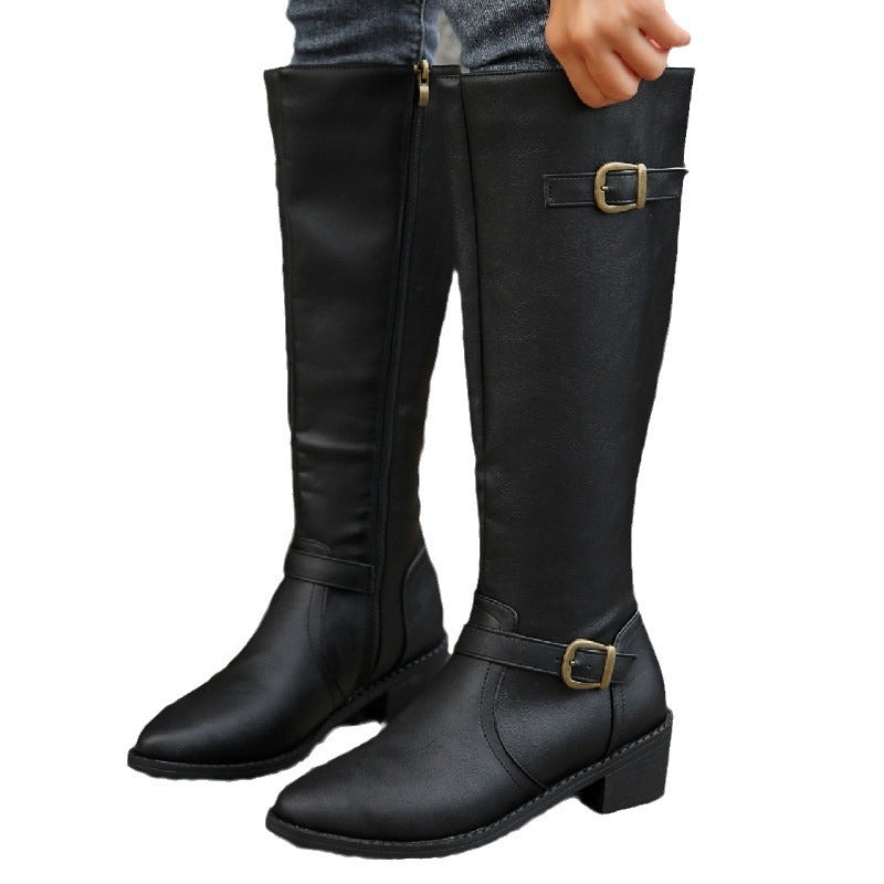 Damen  kniehohe Stiefel in Lederoptik mit seitlichem Reißverschluss und Zierschnalle Nord Taschen