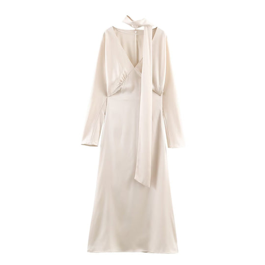 Damen Midikleid aus Satin mit tiefem V-Ausschnitt, langen Ärmeln und Schalkragen Nord Taschen