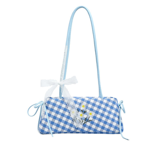 Damen Umhängetasche mit floralen Akzenten und verspieltem Karomuster Nord Taschen