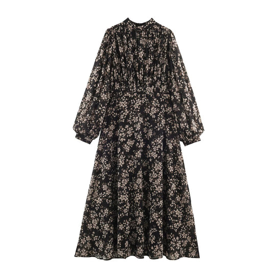 Damen Geblümtes Midikleid mit Faltenoberteil, Stehkragen und Ballonärmeln Nord Taschen