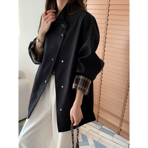 Damen Oversized Kurzjacke mit Druckknopfleiste und karierter Ärmelaufschlag Nord Taschen