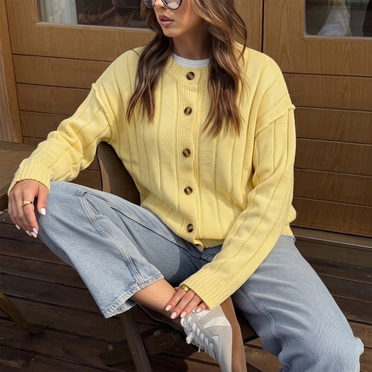 Damen Leichter Rippstrick-Cardigan mit Holzknöpfen und Oversize-Silhouette Nord Taschen