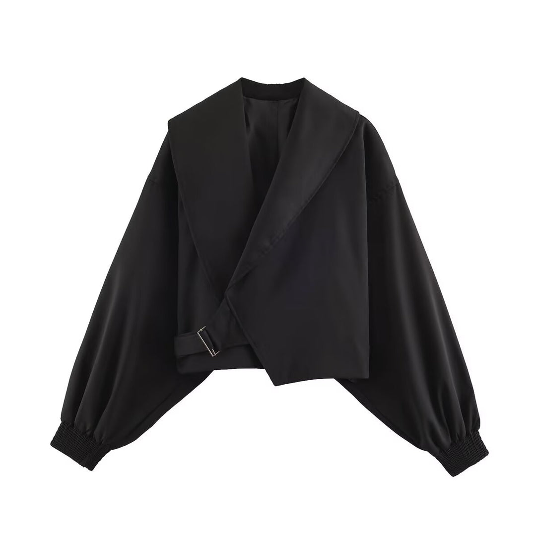 Damen Cropped-Jacke mit weitem Matrosenkragen, asymmetrischem Überschlag und Ballonärmeln Nord Taschen