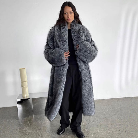 Damen Oversize langer Kunstpelz-Mantel mit voluminösen Ärmeln Nord Taschen