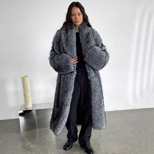 Damen Oversize langer Kunstpelz-Mantel mit voluminösen Ärmeln Nord Taschen