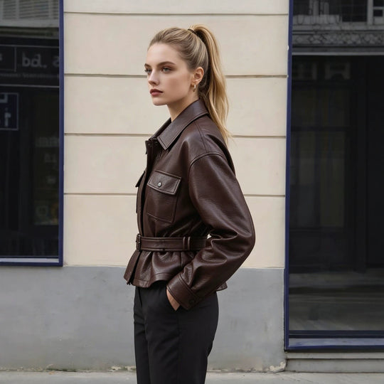 Damen Lederjacke mit Taillengürtel und Oversized-Schnitt Nord Taschen