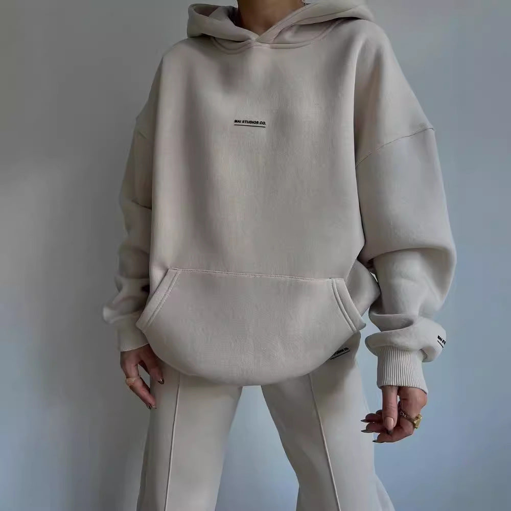 Damen Set Schwere French‑Terry Oversize‑Kapuzenpullover mit Kängurutasche und Slim‑Jogginghose Nord Taschen
