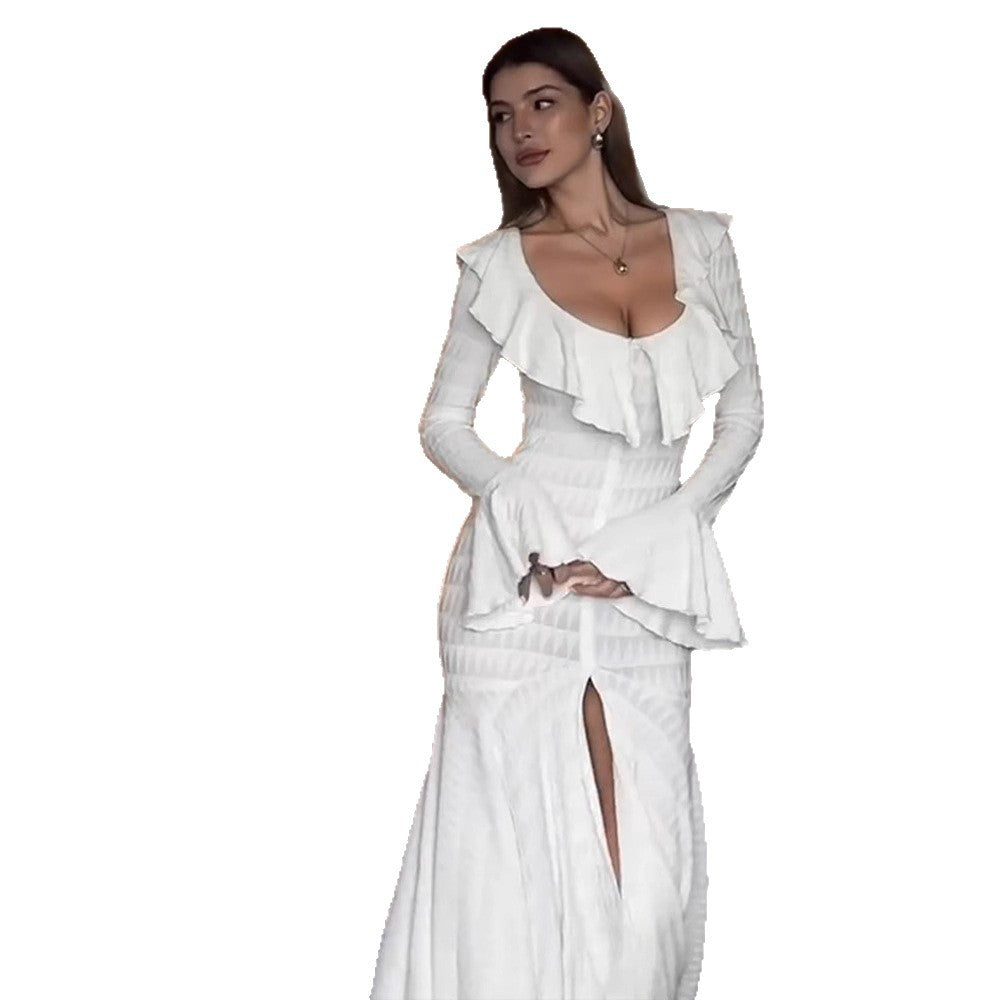 Damen Figurbetontes Maxikleid mit Volant‑Ausschnitt, Glockenärmeln und Schlitz Nord Taschen
