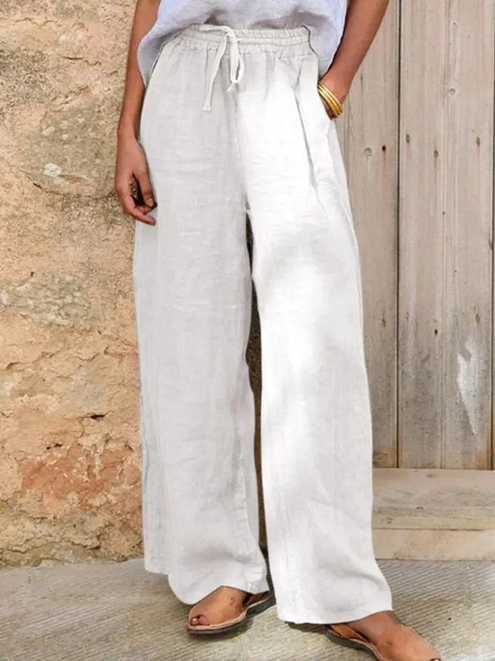 Damen Hochgeschnittene Leinenpalazzo-Hose mit Kordelzug und weitem Bein Nord Taschen