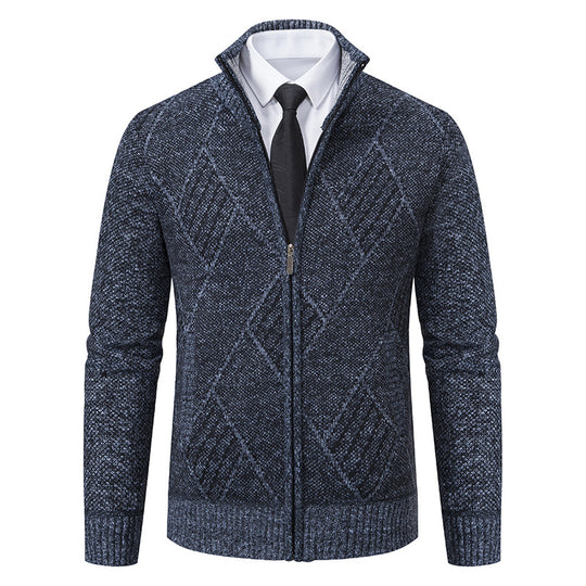 Herren Feinstrick-Zipjacke mit strukturierter Rautenoptik, Stehkragen und durchgehendem Reißverschluss Nord Taschen