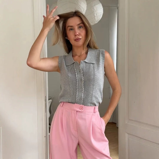 Damen Ärmelloses Stricktop mit Hemdkragen, Zierknopfleiste und feiner Strukturierung Nord Taschen