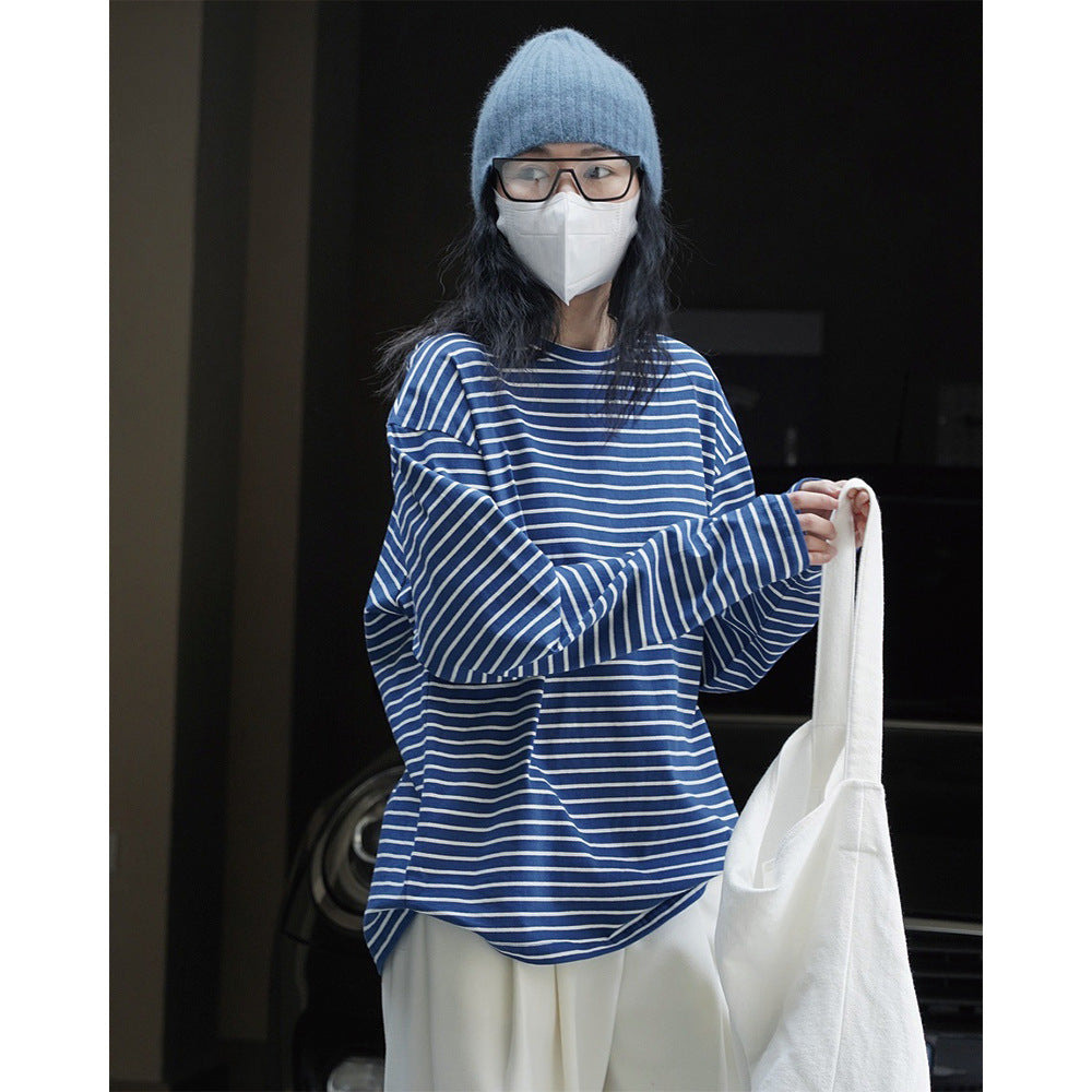 Damen Oversized Streifen-Longsleeve aus Baumwolljersey mit Rundhalsausschnitt Nord Taschen