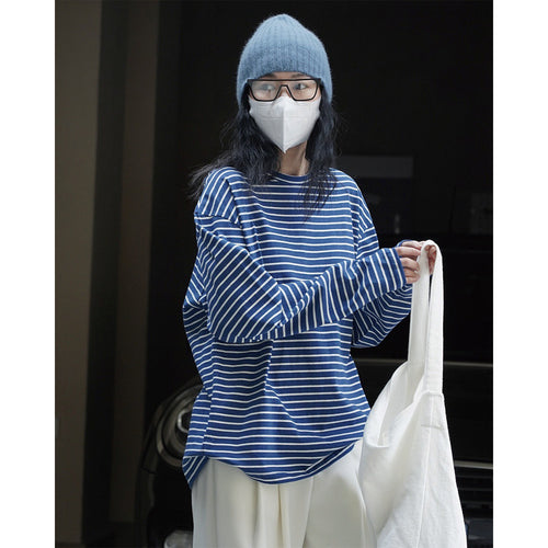 Damen Oversized Streifen-Longsleeve aus Baumwolljersey mit Rundhalsausschnitt Nord Taschen