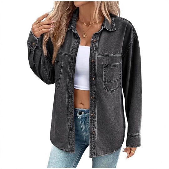 Damen Oversize Jeanshemdjacke im Washed-Look mit Brusttaschen und durchgehender Knopfleiste Nord Taschen