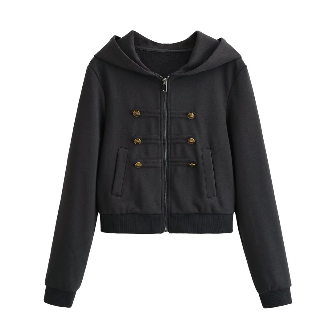 Damen Cropped Kapuzenblouson mit dekorischer Doppelreihe und verdecktem Reißverschluss Nord Taschen