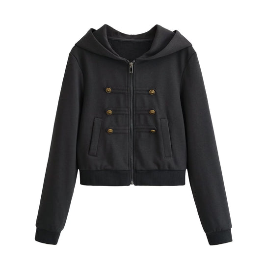 Damen Cropped Kapuzenblouson mit dekorischer Doppelreihe und verdecktem Reißverschluss Nord Taschen