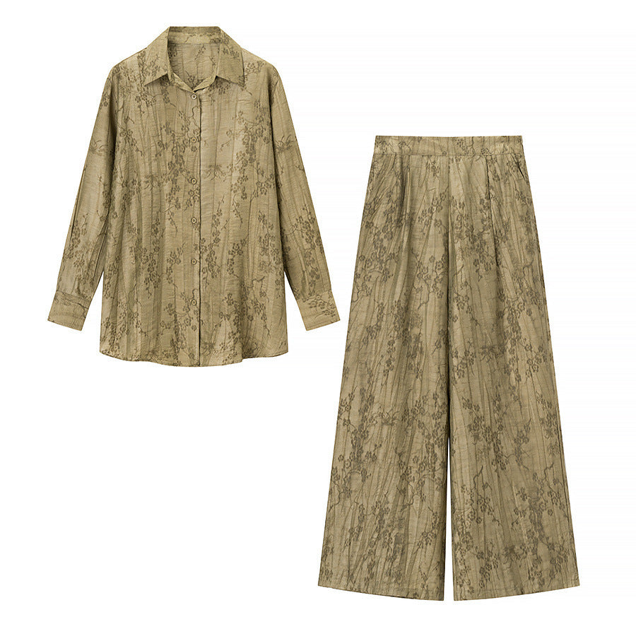 Damen Zweiteiliges Jacquard-Loungewear-Set mit Hemdbluse und weiter Palazzohose Nord Taschen