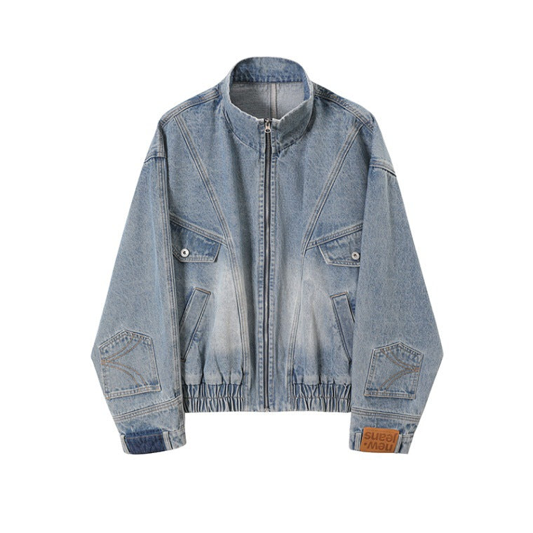 Damen Oversized Jeansjacke mit Stehkragen, Reißverschluss und elastischem Saum Nord Taschen