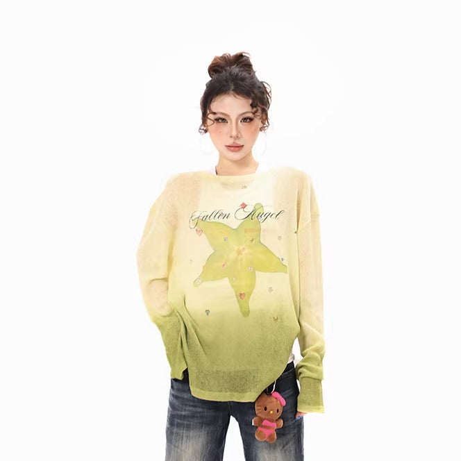 Damen Langarmshirt aus weichem Feinstrick mit Dip-Dye‑Gradient und Sternblüten‑Print Nord Taschen