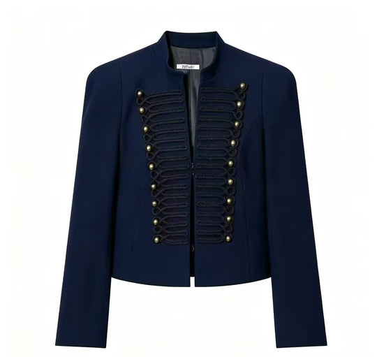 Damen Cropped Military-Blazer mit ornamentaler Kordelverzierung und Stehkragen Nord Taschen