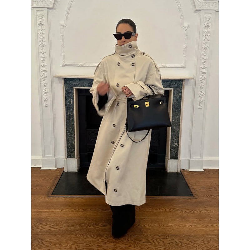 Damen Langer Oversized Trenchcoat mit hohem Stehkragen, Glockenärmeln und Bindegürtel Nord Taschen