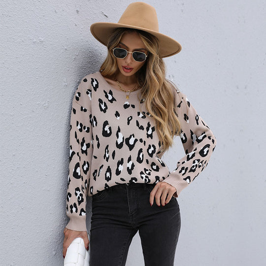 Damen Oversize-Leo-Strickpullover mit Rundhals und überschnittener Schulter Nord Taschen