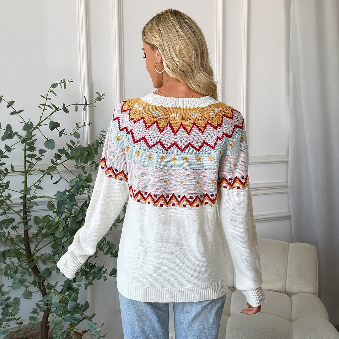 Damen Fair‑Isle Strickpullover mit Rundhals, Langarm & Relaxed‑Fit Nord Taschen