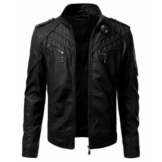 Herren Kunstleder-Bikerjacke mit Stehkragen, Ziernähten und Reißverschlusstaschen Nord Taschen