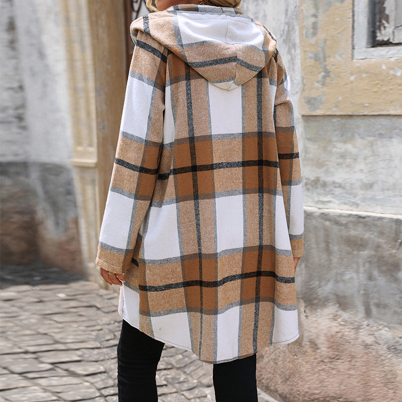 Damen Lange Kapuzen‑Strickjacke mit Karomuster, Reißverschluss & Eingrifftaschen Nord Taschen