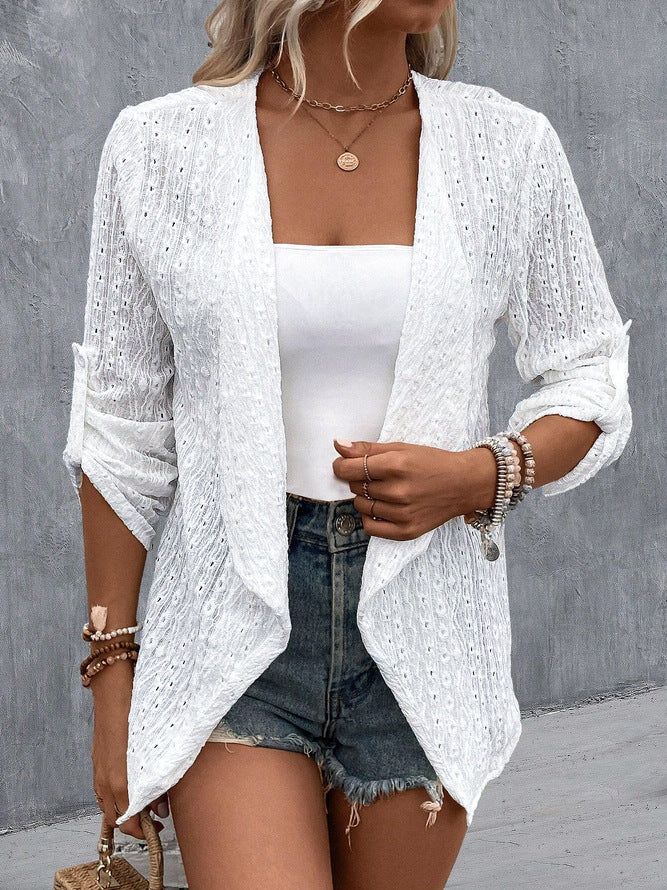 Damen luftiger Strick-Cardigan mit dekorativem Lochmuster Nord Taschen