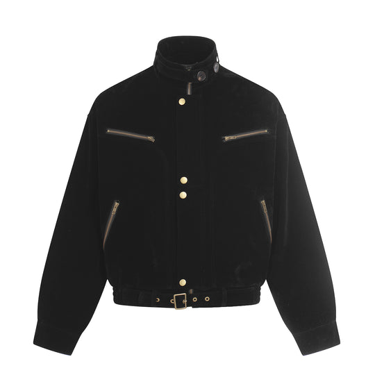 Herren Veloursleder-Blouson im Aviator‑Stil mit Stehkragen, Taillenriegel und Reißverschlusstaschen Nord Taschen
