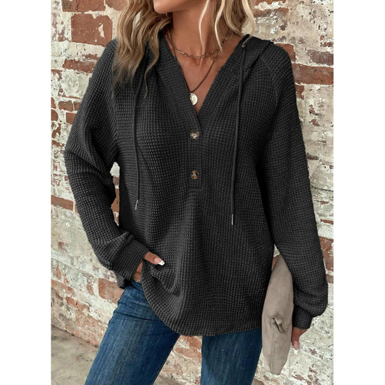 Damen Waffelstrick-Hoodie mit Henley-Knopfleiste und Oversize-Schnitt Nord Taschen