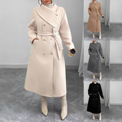 Damen Doppelreihiger Wollmix-Mantel mit weitem Schalkragen und Bindegürtel Nord Taschen